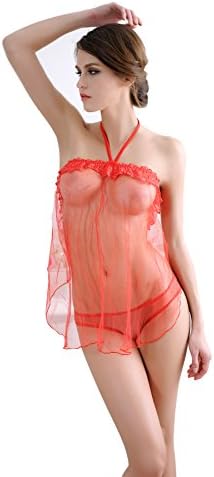 Women Sexy Lace Sleepwear Lingerie Halter Babydoll Transparent Miniskirt and Panty