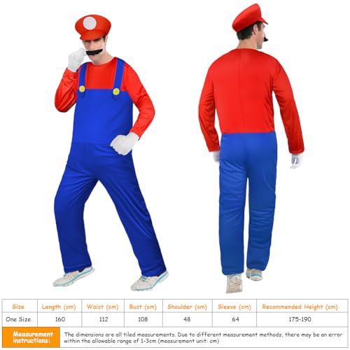 BSBUY Mario Bros Costume, 4pcs Mario and Luigi Classic Accessory Set with Gloves, Mustache and Red Cap, for Halloween, Carnival and Christmas, Cosplay for Men, Women, Adult, Children