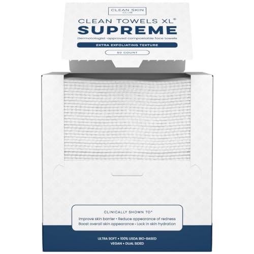 Clean Skin Club Clean Towels XL® Supreme, 100% USDA Biobased Face Towel, Disposable Face Towelette, Eczema Association Accepted, Thicker Textured Dry Wipes, Ultra Absorbent & Soft, 1 Pack, 50 Ct