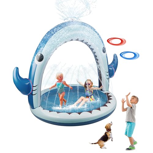 Gleamkid Splash Pad,4-In-1 Inflatable Shark Water Toys for Boys Girls,Summer Outdoor Game with 4 Rings Toss Toy, Garden Toys Sprinkler for Kids,Backyard Water Sprinkler Spray Outdoor Toys