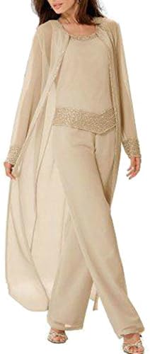 Fitty Lell Women's Champagne Three-Pieces Mother of The Bride Dress Chiffon Evening Gown Suits
