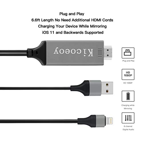Kicoeoy HDMI Adapter Cable, 6.6ft Digital AV Adapter 1080P HDTV Cord Compatible with Phone X 8 7 6 Plus Pad Pod Phone to HDMI Cable, Plug and Play for TV Projector Monitor