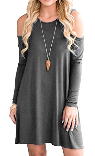 QIXING Women's Casual Plain Simple Pocket T-Shirt Dress Long Sleeve Cold Shoulder Tunic Dresses Dark Grey-S