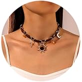 Vinzar Boho Sun Pendant Necklace Brown Leather Necklace Silver Moon Star Choker Necklace Crystal Stone Collar Necklace for Women