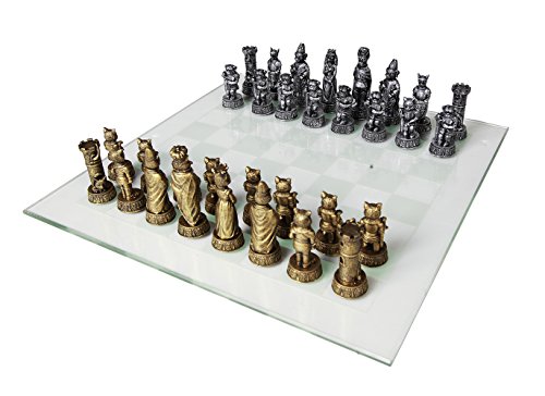 Cats Versus Dogs Chess Set 3.5 Inch Tall Hand Painted with Glass Board