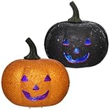 Orange & Black Glitter LED Flashing Light Pumpkin Halloween Decoration (Pack of 2/ 1 Orange