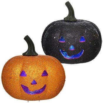 Orange & Black Glitter LED Flashing Light Pumpkin Halloween Decoration (Pack of 2/ 1 Orange