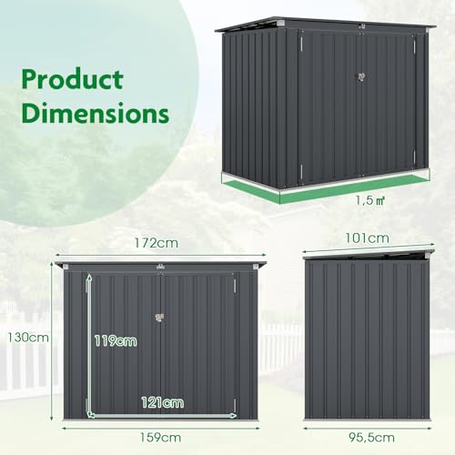 Goplus Outdoor Trash Can Storage Shed, Large Lockable Garden Shed w/Double Openings, 2 Doors, Galvanized Steel Frame, Storage Organizer for Backyard Garden Patio Lawn, 172 x 95,5 x 130 cm (L x W x H)