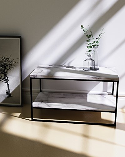 Tilly Lin 2 Tier Faux Marble Coffee Table, Water Resistant Accent Cocktail Table with Lower Storage Shelf, Carrara