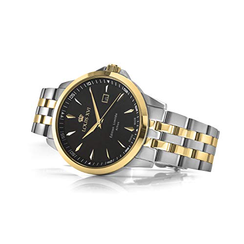 LOUIS-XVI-Herren-Armbanduhr-Athos-Slim-Stahlband-Bicolor-Silber-Gold-Schwarz-Analog-Quarz-Edelstahl-928