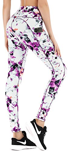 IUGA High Waist Yoga Pants with Pockets, Printed Leggings for Women 4 Way Stretch Pattern Yoga Leggings with Pockets (Crystal Purple, Medium)
