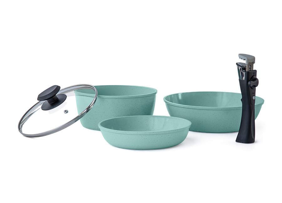 JadeCook Batería de Cocina Antiadherente 5 Piezas con Mango Removible Jade Smart, Sartenes y Cacerola Apilables, Apta para Gas y Eléctrica