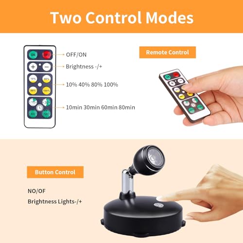 2Pcs Wireless Spotlight for Indoor, Battery Operated LED Spotlight with Dimmable Rotatable Timer Uplight Mini Accent Lights with Remote for Wall Display Plants Painting Artwork Closet Natural White