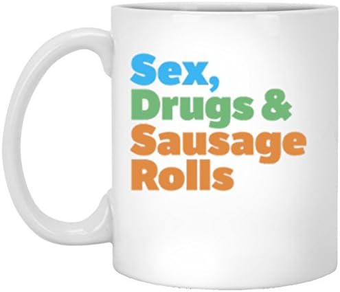 SkyUp Mugs - Sex, Drugs & Sausage Rolls - Funny - 11 Ounce White Ceramic Coffee or Tea Mug