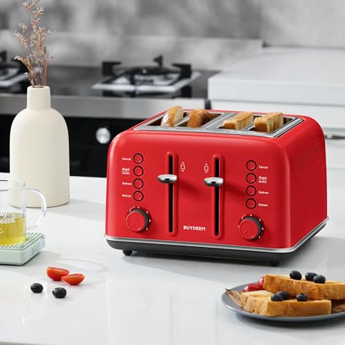BUYDEEM DT640 4-Slice Toaster, 7 Shade Settings, Extra Wide 1.5’’ Slots for Bagel & English Muffin, 6 Toasting Functions, Retro Stainless Steel Toaster with High Lift Lever, 1800W, Red