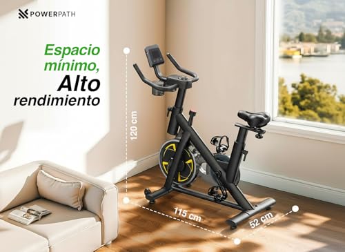 PowerPath - Bicicleta Fija Spinning Bluetooth Magnética Silenciosa Soporta 150 kg Monitor Electrónico Color Negro Ajustable Ideal para Entrenamiento Cardio con Apps en el Hogar