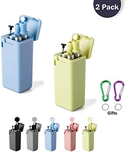 2 Pack Reusable Drinking Collapsible Straws, Composed of Food-grade Stainless Steel & Silicone with Cleaning Brush & Sturdy Carrying Case, For Gifts idea,Travel,Party, Outdoor, Gym.(Blue&Green)