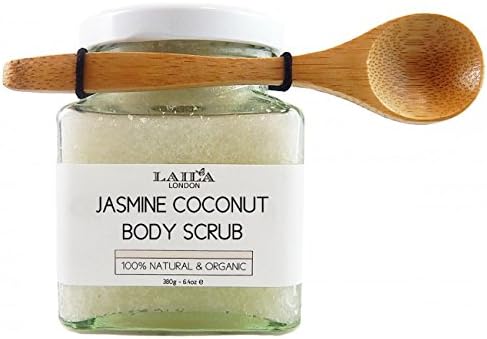 Jasmine Coconut Organic Body Scrub 100% Natural With Bamboo Spoon 350g Stretch Marks & Cellulite, Exfoliating Body Scrub - Soften Skin - Smooth Skin Before Tanning - Improve Circulation, Stimulate Collagen and Fight Aging - Reduce Ingrown Hairs, Bumps, and Clogged Pores - Helps Even Skin Tone and Prevent Dullnes