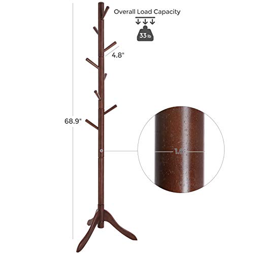 VASAGLE Coat Rack Freestanding, Wooden Coat Rack Stand with 8 Hooks, Adjustable Coat Tree for
