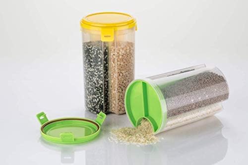 A2zonlineking Transparent Plastic Lock & Lock Food Storage Dispenser Airtight Container Jar with 3 Sections for Cereals, Snacks, Pulses, Dry Fruits, Grain Storage Containers (Random Color)