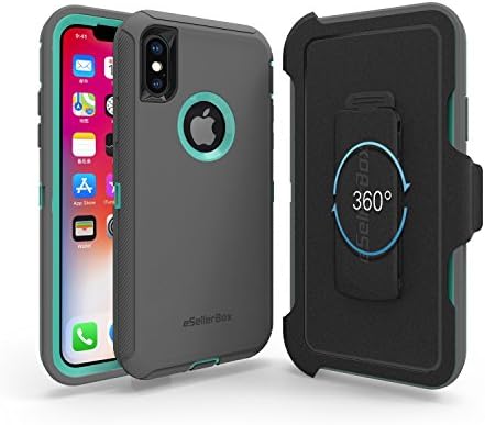 iPhone X Case,eSellerBox,Heavy Duty Rugged Multi-Layer Hybrid With [Kickstand] [Belt Clip] bumper Holster Protective Case Cover For Apple iPhone X (Grey&amp;Teal)