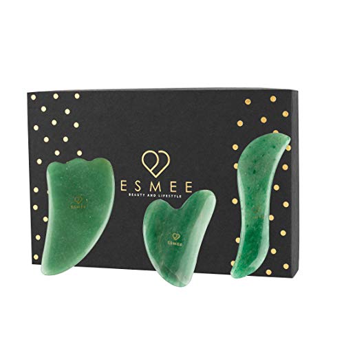 Jade Gua Sha Facial Tool Set by Esmee | 3 in 1 Premium Guasha Kit | 100% Real Indian Jade | Anti-aging Beauty Therapy for Massage and Skin Rejuvenation