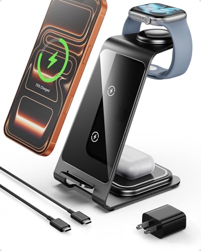 Intoval Aluminum 3-in-1 Wireless Charging Station for iPhone 17/17 Pro/17 Pro Max/16/16 Pro/16 Pro Max/15/14/13/12,for Apple Watch 11/Ultra 3/SE 3/10/9/8/7,for AirPods Pro 3/4/Pro 2/3/Pro (Grey)