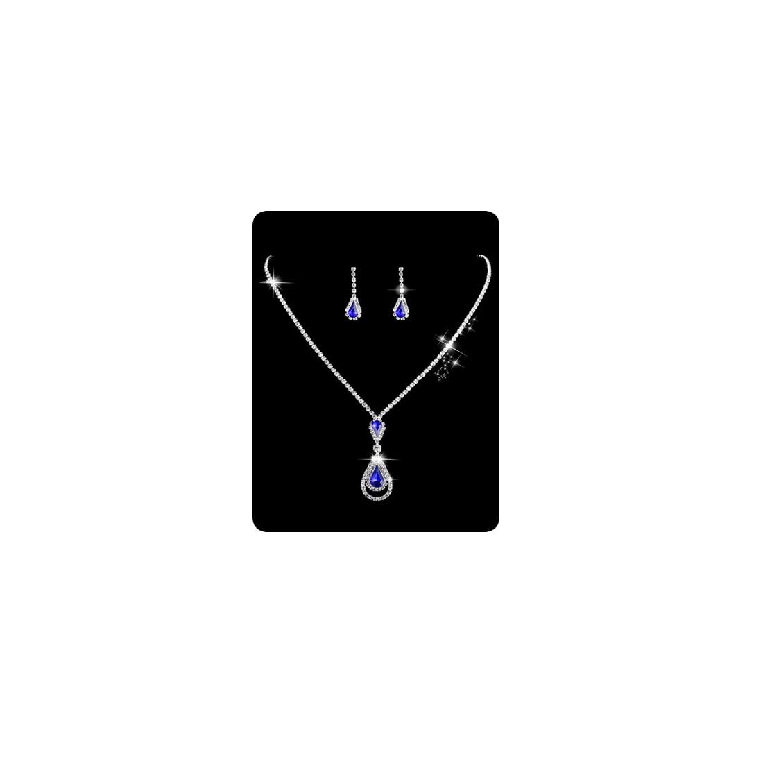 Wedity Wedding Crystal Necklace Earrings Set Bride Choker Necklaces Blue Pendant Jewelry for Women and Girls (Blue 2)