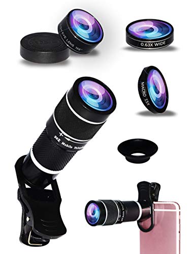 5-in-1 phone lens, 20x telephoto lens, 0.63x wide-angle lens, macro lens, fisheye lens, eye mask, Telescope Camera Mobile Zoom lens compatible iPhone Samsung Galaxy Huawei and most Android smartphones