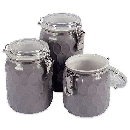 DII 3-Piece Modern Honeycomb Half Matte Glaze Ceramic Kitchen Canister Jar with Airtight Clamp Lid for Food Storage, Serve Coffee, Sugar, Tea, Spices and More, Gray