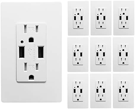[10 Pack] SECKATECH 4.2A Smart High Speed Dual USB Charger Wall Outlet, 15A Tamper Resistant Outlet, Each Charging Receptacle with 20 Free Wall Plates-White (UL Listed)
