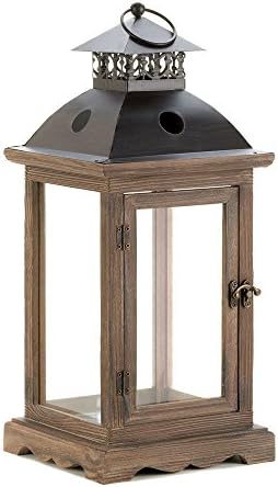 Thegood88 Tower Candle Lantern Black Metal Brown Wood Clear Glass Large
