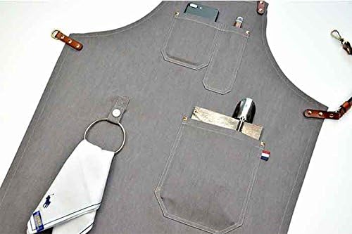 XIAKA Gray Denim Bib Apron w/Leather Back Waist Strap Barista Baker Bartender BBQ Chef Uniforms (B, L)