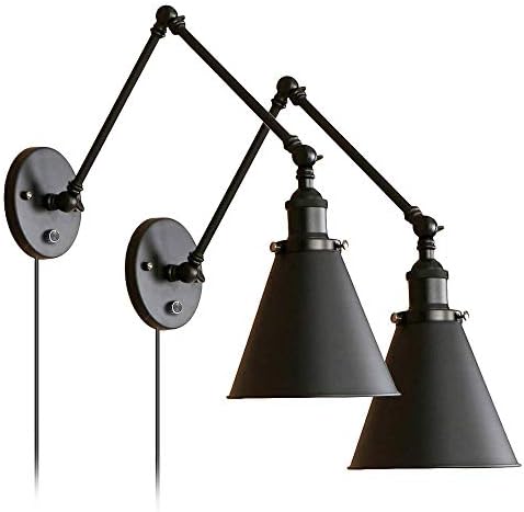 Industrial Black Wall Lights Adjustable Arm with Switch for Bedroom Sconce Fixture Metal Plug-In Wall Lamp Set of 2