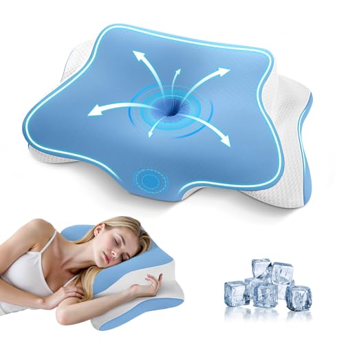 JINXIA Cervical Pillow for Sleeping, Memory Foam Pillow for Neck and Shoulder, Ergonomic Orthopedic Pillow, Side, Back & Stomach with Breathable Pillowcase, Blue