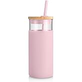 Tronco 20 oz Glass Tumbler with Lid and Straw, Iced Coffee Cup and Smoothie Cup with Bamboo Lids & Protective Silicone Sleeve, Dishwasher Safe, BPA-Free, Pink 1 Pack