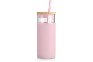 Tronco 20oz Glass Tumbler Glass Water Bottle Straw Silicone Protective Sleeve Bamboo Lid - BPA Free (Pink/ 1 Pack)