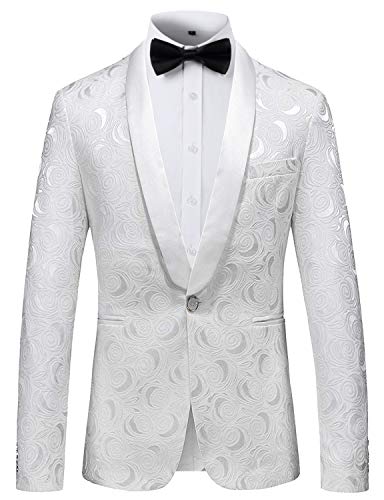 JOGAL Men's Suit Shawl Collar One Button Dress Suit Smil Fit Stylish Blazer XX-Large White