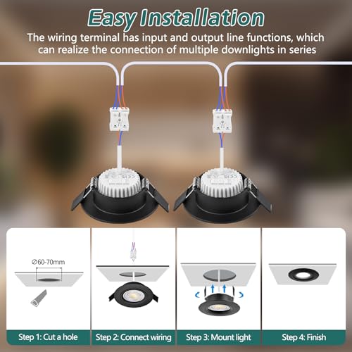 KYOTECH 3CCT Recessed LED Spotlights for Drywall Dimmable 60-70 mm, 5W 550LM 230V Recessed Spotlight, Ultra Slim, IP44 Recessed Spotlights for Bathroom, Set of 6 Black