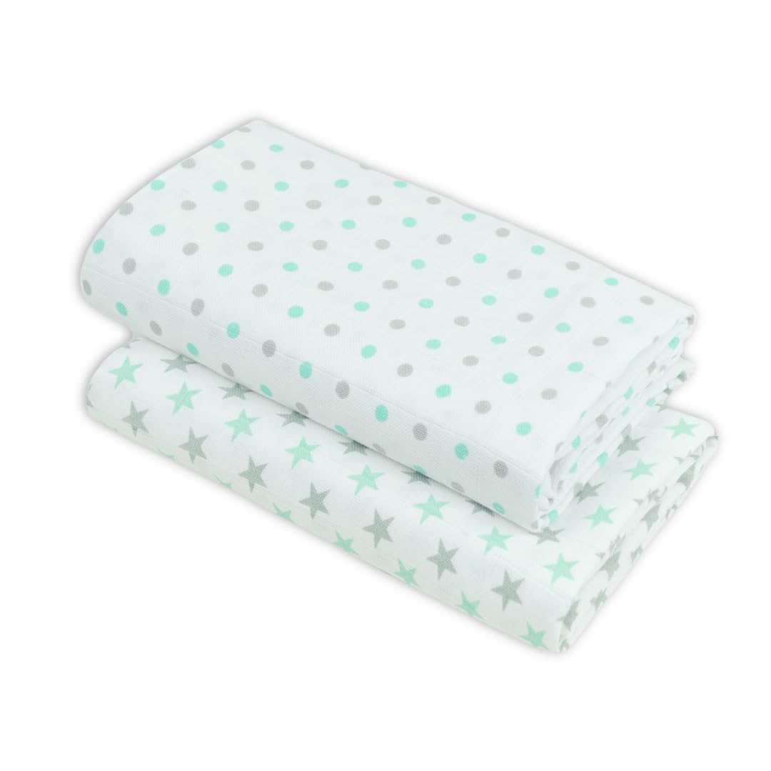 MuslinZ Baby Muslin Squares, Soft, Breathable and Absorbent Newborn Receiving Blanket, Swaddles XL 100x90cms 100% Cotton (2 Pack) (Mint/Grey)