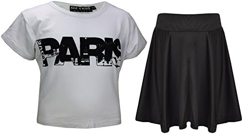 Kids Girls Comic Graffiti Leopard #SELFIE Crop Top &amp; Fashion Skater Skirt Set