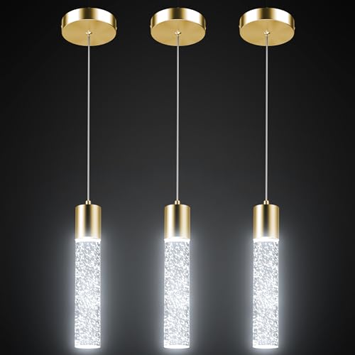 Esfos 3-Pack Pendant Ceiling Light – 6500K Crystal Bubble Glass, Brushed Black Finish, Adjustable Height (13-63 Inches), 800 Lumens