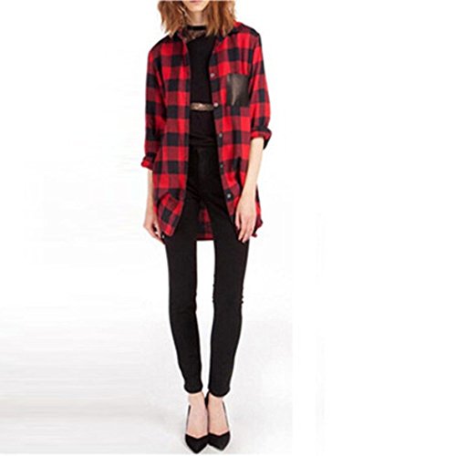 Lightning Deals Oversized Blouse,ZYooh Fashion Women Plaid Long Sleeve Shirt Tunic Tops (Red, XL)