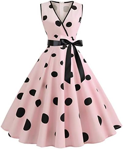 Sharemen Women Casual 1950s Retro Sleeveless Dress V-Neck Dot Printing Party Prom Swing Dress