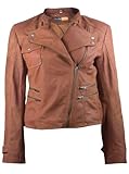 FactoryExtreme Aviator Moto Womens Tan Brown Biker Leather Jacket, Small, Brown