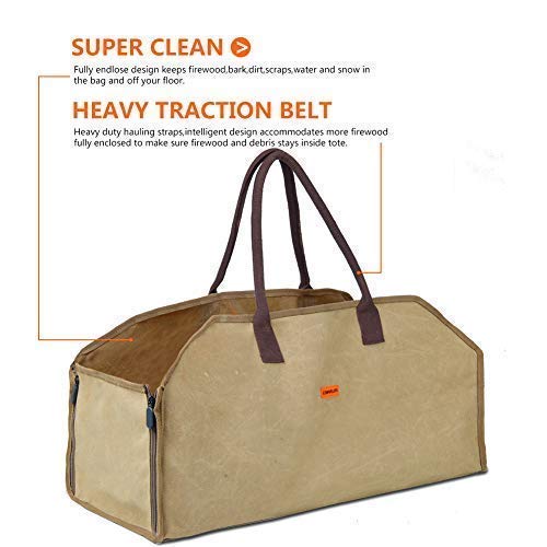 Waxed Canvas Firewood Log Carrier Horse Feeding Tote Wood Carrying Bag Woodpile Fireplace/Camp/Stove/Cabin Durable Heavy Duty Handle - Washed/Resistance soiling Outdoor Indoor(Large Wood Bag-Zipper)