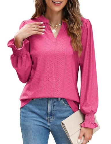 AMORETU LONG SLEEVE TOPS FOR WOMEN VNECK BLOUSE LOOSE CASUAL TSHIRTS, ROSE L