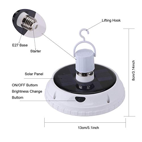 Solar Light Bulb Portable LED Emergency Solar Lights 10W E27 Hanging Tent Light Outdoor Indoor Use 3 Brightness Mode Solar Energy Light for Camping Tent Hooking Garden Camp Chandelier