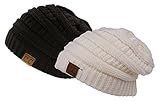 Trendy Warm Chunky Soft Stretch Cable Knit Slouchy Beanie Skully, Gift Set-Black & Ivory, One Size