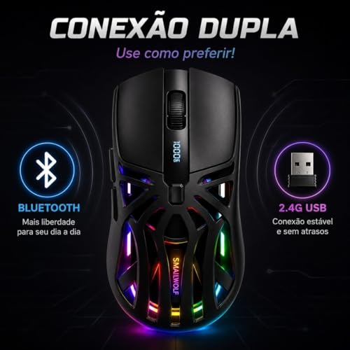 Mouse Gamer Sem Fio RS8 RGB Bluetooth 2.4G Recarregável 10000 DPI Design Ergonômico 6 Botões Para PC Notebook
